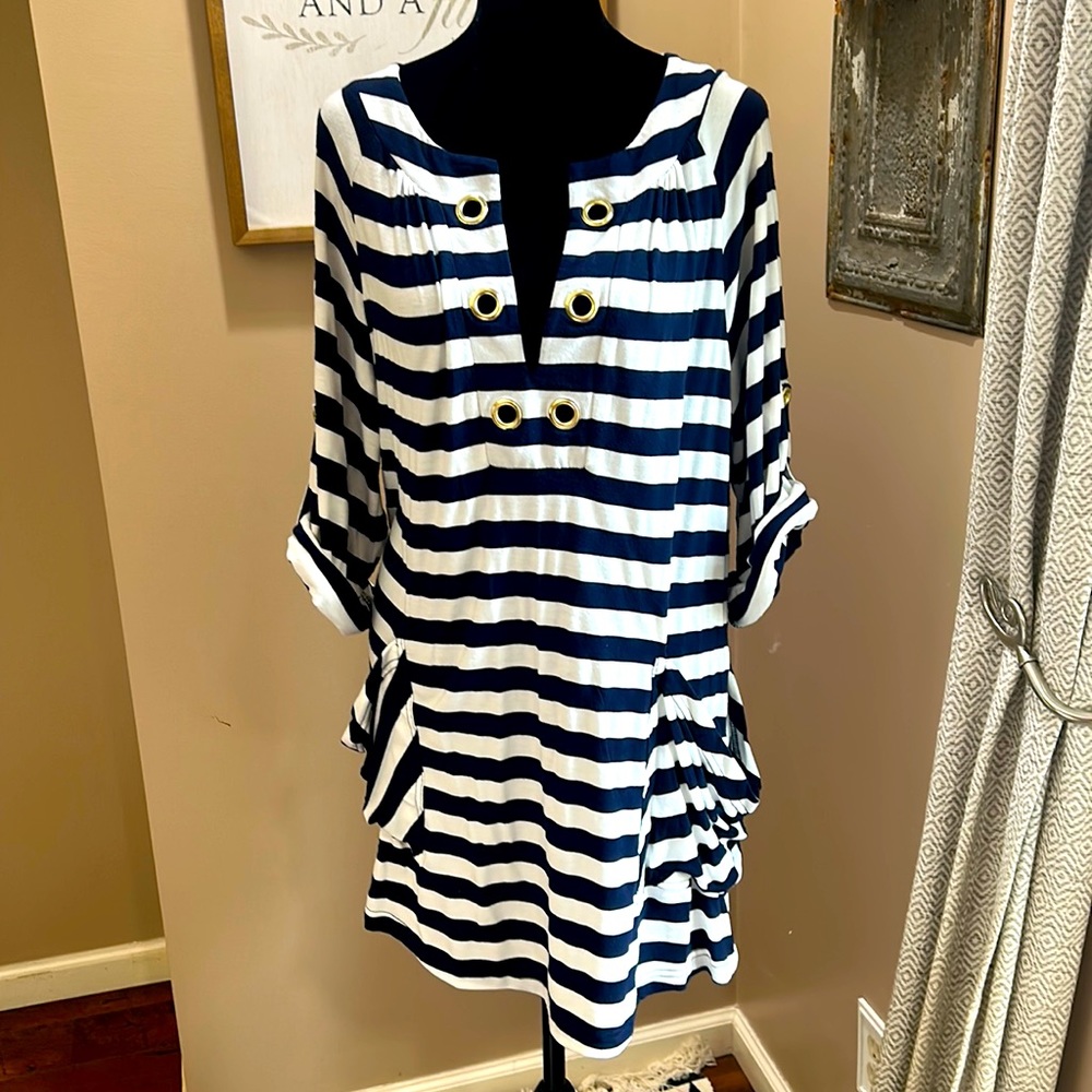 Navy and white striped nautical swim cover up. Size medium.